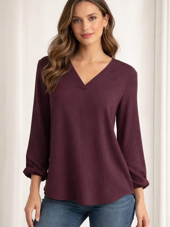 Adrianna Papell Tops - Adrienne Papell Ribbed V-Neck Blouse Plum Long Sleeve